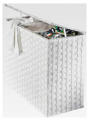 Produktbild von Wäschesammler mit drei Fächern für Wäsche aus geflochtenem Nylon in Weiß, 77x35x63 cm zur Organisation von Bunt-, Weiß- und Schwarzwäsche
