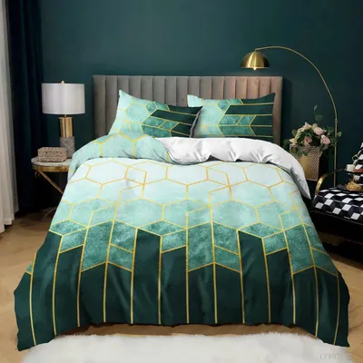 Zdjęcie produktu dla Komplet pościeli, 200x220 cm, granatowy z zielonymi paskami, mikrofibra, zawiera 2 poszewki na poduszki 80x80 cm