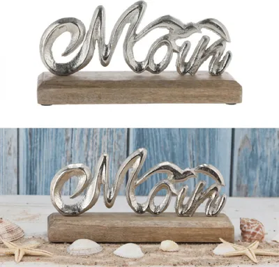 Produktbild von Schriftzug 'Moin' Möve silber 23x11x5cm Mangoholz Aluminium Dekoaufsteller Tischdeko Aufsteller maritim