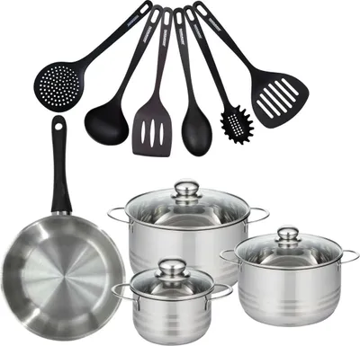 Image de Batterie de cuisine avec 1 poêle 24 cm et 3 faitouts 16/20/24 cm avec 6 ustensiles de cuisine sans PFAS Fackelmann Généva Brillant Fénix
