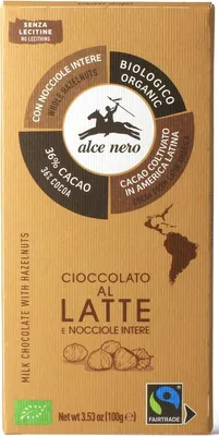 CZEKOLADA MLECZNA Z CAŁYMI ORZECHAMI LASKOWYMI FAIR TRADE BIO 100 g - ALCE NERO
