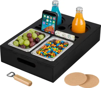 Image de Relaxdays Couchbar, bambou, plateau en acier inoxydable pour snacks, porte-verres à boisson et à vin, dessous de verre, rangement de canapé, noir
