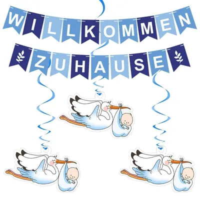 Productafbeelding van Welkomstbanner met 6 stierfiguren, decoratie voor een babyfeestje (jongen), voorgemonteerd, blauw