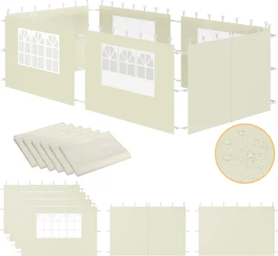 A collage of images showing beige tent side panels, some with windows, and a close-up of water droplets on fabric.
