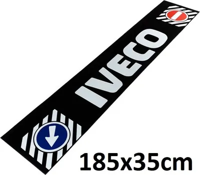 Produktbild von Kotflügel / Kotflügel lang, hinten, 35x185cm, Iveco Daily, mit weißer Schrift auf schwarzem Grund und Verkehrszeichen, aus widerstandsfähigem Gummi