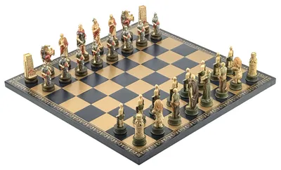 Produktbild von Luxus Schachspiel Römer vs Gladiatoren Handbemalt Kunstleder Gold-Blau