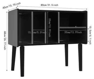 Image de Meuble pour platine vinyle - Étagère pour platines - Capacité jusqu'à 220 vinyles - Étagère de rangement en bois de style milieu du siècle - Pour salon et chambre - Noir