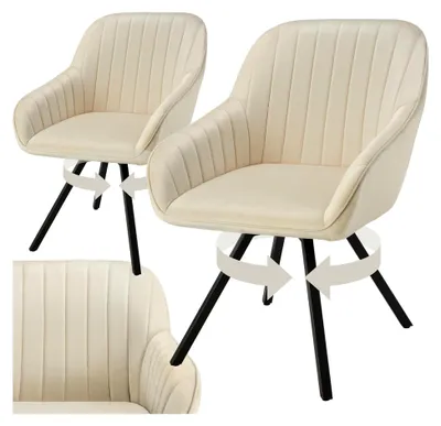 Produktbild von Drehbare Esszimmerstühle mit Armlehne, ergonomischer Schalenstuhl mit Samtbezug, gesteppt, 2er Set, Creme