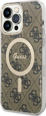 A close-up view of a phone case with a repeating Guess logo pattern.