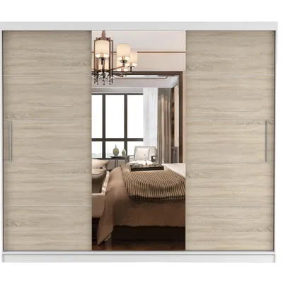 Produktbild von Schwebetürenschrank Kleiderschrank Schrank 250cm Weiss/Sonoma mit Spiegel und LED-Beleuchtung Alba
