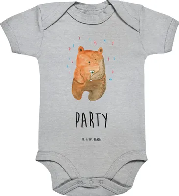 Produktbild von Mr. & Mrs. Panda Einteiler Bär Party 12. - 18. Monat - Heather Grey - Geschenk, Mitbringsel, Geburtstag, Teddy, kurzarm strampler, Lustig, strampelanzug, Baby, overall