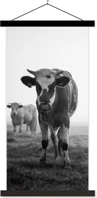 Produktbild von MuchoWow® Textilposter Kühe im Morgennebel schwarz-weiß Foto 90x180 cm mit schwarzem Rahmen - Dekoration Wohnzimmer