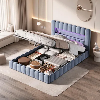Produktbild von INONEFT Polsterbett 180x200, Doppelbett Bubble Bett mit LED und USB Ladefunktion Kopfteil, Boxspringbett mit hydraulisches Bettkasten, Samt, Grau
