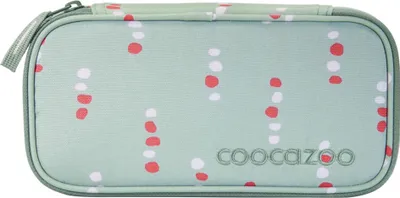 A light green pencil case with a pattern of red and white dots.