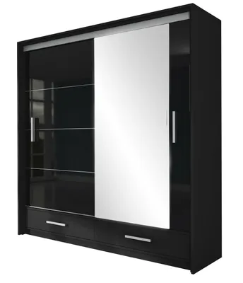 Produktbild von Schwebetürenschrank MARSEILLE 203 cm mit Spiegel & Schublade – Kleiderschrank Hochglanz modern Schlafzimmer (Schwarz)