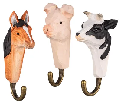 Wandhaken-Set 3er: Pferd, Kuh, Schwein, Holz, 12 cm