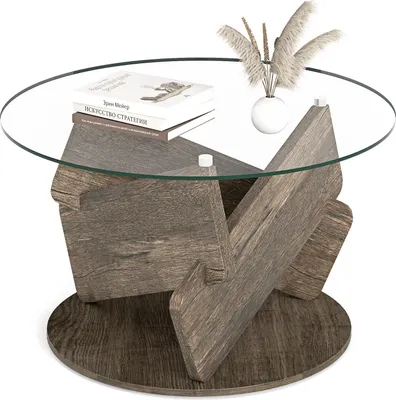 Produktbild von COSTWAY Glastisch, Couchtisch mit Glastop & Massivholzrahmen, Rustikaler Beistelltisch, Akzenttisch grau für Wohnzimmer und Büro, φ 81cm x 49cm