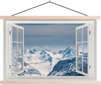 Produktbild von MuchoWow® Textilposter Aussicht - Schnee - Berge 60x40 cm mit holzfarbenen Rahmen - Bilder