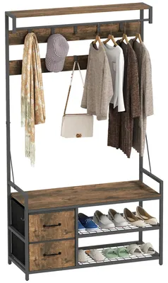Image de Porte-vêtements avec étagère à chaussures - Porte-manteau - 10 crochets réglables - Métal - Marron et noir
