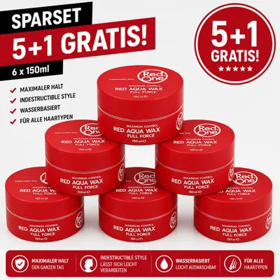 Produktbild von Red One Red Hair Wax 6er Pack – 6 Stück je 150ml Aqua Hair Gel Wax Vorratspack für starken Halt, Wet Look, Glanz, Barber Style, Herren Frisur, kurze Haare, Friseurbedarf & Alltag