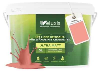 Produktbild von Wandfarbe Orange Rosa Rot Matt Innenfarbe – Deckkraft Klasse 1, VOC-frei, Ohne Grundierung, Tropfarm – Wohnzimmer & Schlafzimmer – 5L – Veluxis (Gorgeous Grapefruit)