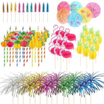 Cocktail-Deko-Set 120-teilig, Holz-Parassole, Papierstrohhalme