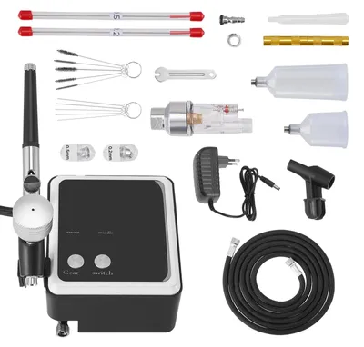 Obrázek produktu pro Přenosná sada na airbrush – airbrush s kompresorem – bezdrátová s akumulátorem – tlak 36 PSI – pro modelářství, líčení, automalbu a ruční práce – zlatá