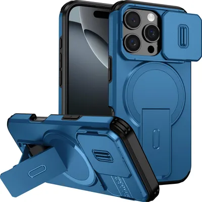 Image de Étui magnétique pour iPhone 16 Pro, étui durable à deux couches avec protection coulissante de l'appareil photo et support réglable Bleu