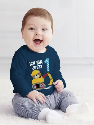 Produktbild von Baby Langarm-Shirt erster | zweiter Geburtstag Bär Bagger Bauarbeiter Baggerfahrer Geburtstagsshirt Baumwolle Junge MoonWorks® 1 Jahr navy 80/86 (10-15 Monate)