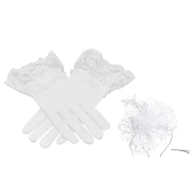 Produktbild von 1 Stück/2 Stücke Frauen Fascinator Hut Handschuhe Stickerei Blume Faux Federn Spitze Haar Clip Kopfschmuck Durchsichtige Braut Handschuhe Set F
