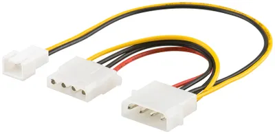 Produktbild von Goobay 96118 PC Y Stromkabel/Stromadapter, 5.25 Stecker zu 1x 5.25 Buchse und 1x Lüfter 2 Pin (12V), 0.25 m - 4-pol. Stecker > 4-pol. Buchse + 3-pol. Buchse