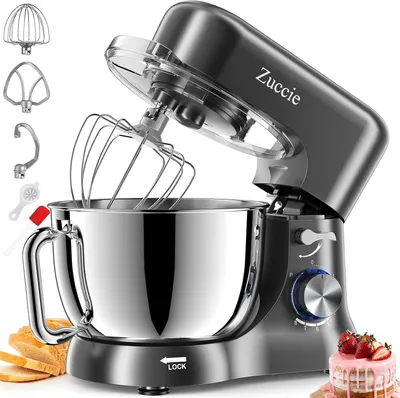 Produktbild von Küchenmaschine, Zuccie Knetmaschine Leise Rührmaschine inkl 5L Edelstahlschüssel 3-Rührwerkzeuge Spritzschutz Teigschaber und Eiertrenner, 8+P