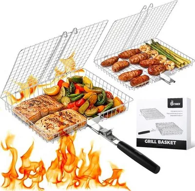 Produktbild von Famanu Grillkorbset für den Außenbereich - 2 Stück Edelstahl Grillzubehör mit abnehmbarem Griff