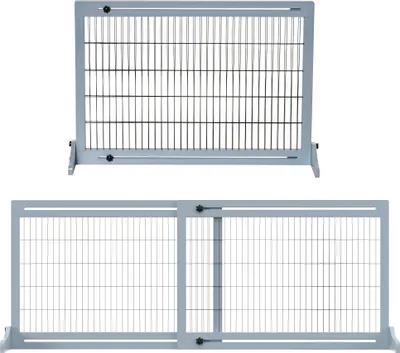 Produktbild von PawHut Hunde Absperrgitter aus Holz, Ausziehbares Türschutzgitter mit Fußstütze, Freistehendes Hundegitter, Treppenschutzgitter, Hundeabsperrgitter für Kamin, Ofen, Grau, 104-183 x 36 x 69 cm