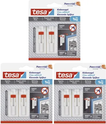 Produktbild von 3 x Tesa Klebenagel für Tapeten und Putz verstellbar, bis 1 kg, 3 x 2 Stück 77774