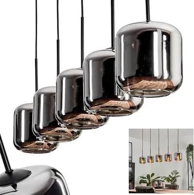 Productafbeelding van Hanglamp Lauden, 5-lichts hanglamp van metaal/glas in zwart/chroom/rookglas, moderne pendellamp in retro/vintage design. Kapdiameter 15 cm, fitting E27, geschikt voor eetkamer, keuken, woonkamer