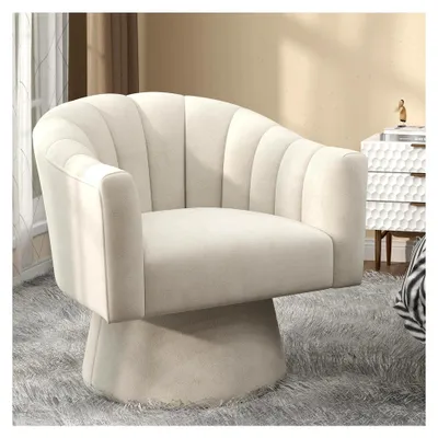 Produktbild von Drehsessel für das Wohnzimmer mit Samt – 360° drehbarer Sessel mit weicher Polsterung, runder Armlehnstuhl für Schlafzimmer und Büro | Lesesessel mit Armlehnen (Beige)