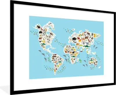 Produktbild von MuchoWow® Gerahmtes Poster Weltkarte - Kinder - Tiere - Blau - Jungen - Mädchen 90x60 cm - Poster mit Schwarzem Bilderrahmen Wandposter Rahmen Foto Bilder - Wanddekoration - Fotos