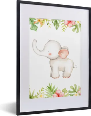 Produktbild von MuchoWow® Gerahmtes Poster Elefant - Blumen - Aquarell 30x40 cm - Poster mit Schwarzem Bilderrahmen Wandposter Rahmen Foto Bilder - Wandposter Schlafzimmer