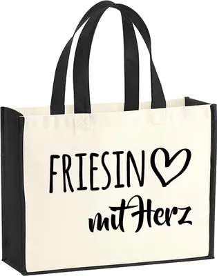 Produktbild von Huuraa Jutetasche Friesin mit Herz 21 Liter Black Jute und Baumwolle Einkaufstasche Geschenkidee