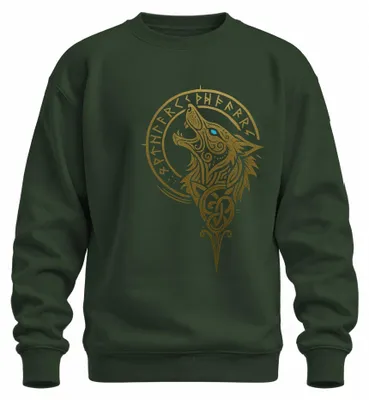 Imagen del producto de Sudadera con cuello redondo, estilo vikingo, con motivos nórdicos de lobo, Fenrir, runas y cabeza de lobo, diseño celta, color verde botella, talla XXL