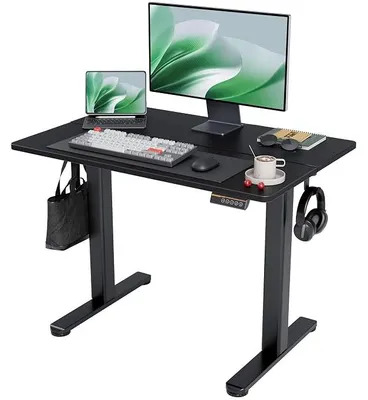 Obrázok produktu pre Výškovo nastaviteľný písací stôl, 120 x 60 cm, stabilná konštrukcia, elektrické nastavenie výšky s pamäťou, ergonomický stojací/sediaci stôl, počítačový stôl, čierna farba