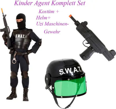 Produktbild von Kinder Komplett Set SWAT Kostüm + UZI Maschinengewehr & SWAT Helm # Gr. 116