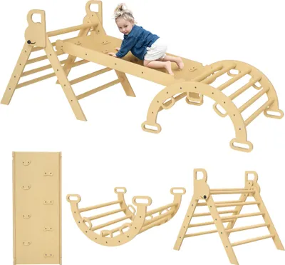Image de AIYAPLAY 5 en 1 Triangle arche d'escalade enfants avec triangle d'escalade, rampe d'escalade réversible, toboggan, bascule, charge max. 50 kg, pour bébé de 18 à 48 mois, bois naturel
