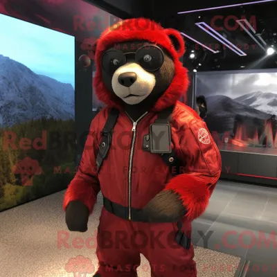 Produktbild von Maskottchen REDBROKOLY eines roten Lippenbären mit Bomberjacke und Beanie