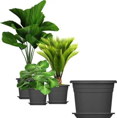 Produktbild von BigDean 3X Blumentopf Ø 25 cm Farbe Anthrazit & Untersetzer Kunststoff Pflanztopf Containertopf Übertopf Pflanzkübel rund 25 x 18 cm Blumentöpfe