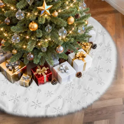 Weihnachtsbaum 90 cm, weißer Plüsch, Schneeflocken, Dekoration