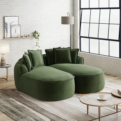 Zdjęcie produktu dla Podwójna sofa Chenille Cloud, bezramowa, z bardzo długim leżakiem, 184 x 164 x 67 cm, zielona