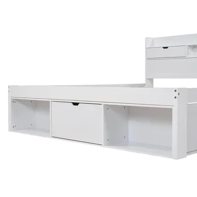 Produktbild von Flieks Holzbett Jugendbett 160x200cm mit USB, Klassisches Bett mit Schubladen, Stauraumbett mit Lattenrost, Kinderbett Doppelbett Funktionsbett, Weiß