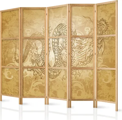 Image de Paravent XXL Dragon 225 x 171 cm 5 panneaux simple face élégant brise-vue séparateur de pièce cloison séparateur d'espace bois design motif décoratif bureau à domicile Japon p-B-0005-z-c